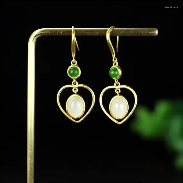 Baumelnde Ohrringe, die natürliche handgeschnitzte Gufajin-Ohrringe aus 925er Silber mit eingelegter weißer Jade und herzförmigen Ohrsteckern verkaufen. Modeschmuck für Frauen, LuckGifts