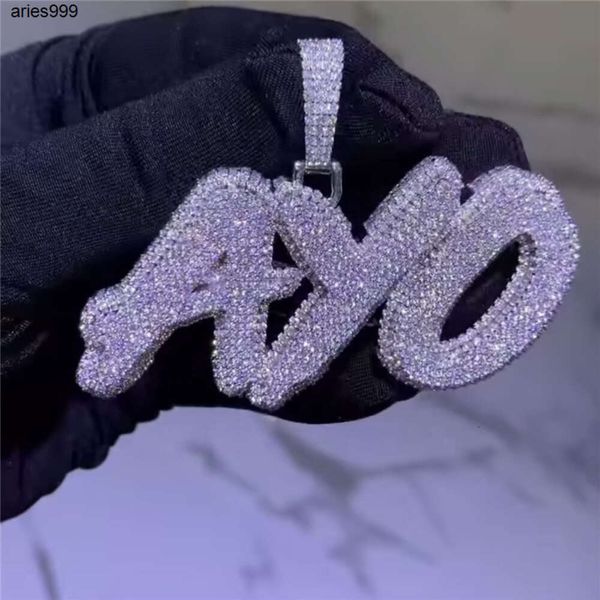 Benutzerdefinierte Hip Hop 925 Sterling Silber vergoldet Vvs d Moissanit Diamant personalisierte Buchstabe Name Anhänger Halskette Kette