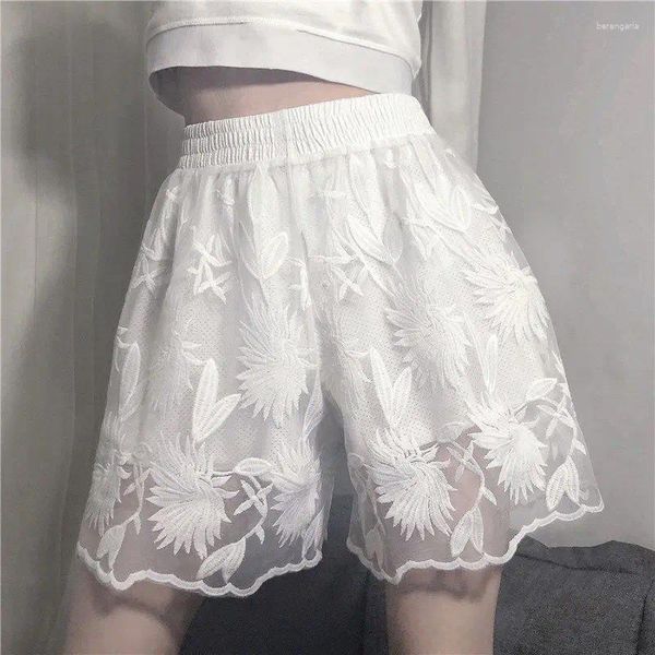 Женские шорты, защитные брюки, белые цветочные вязаные крючком, летние винтажные свободные широкие брюки, женская милая нижняя юбка с вышивкой в стиле Лолита