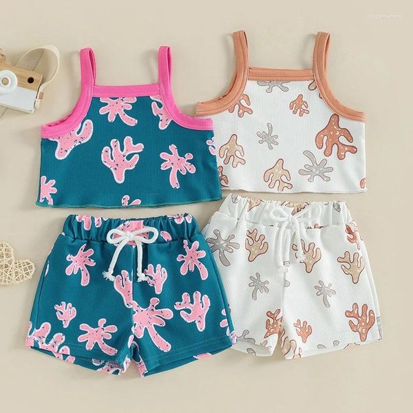 Conjuntos de roupas verão criança bebê meninas roupas com nervuras coral impressão alças espaguete tanques topos cintura elástica shorts roupas casuais