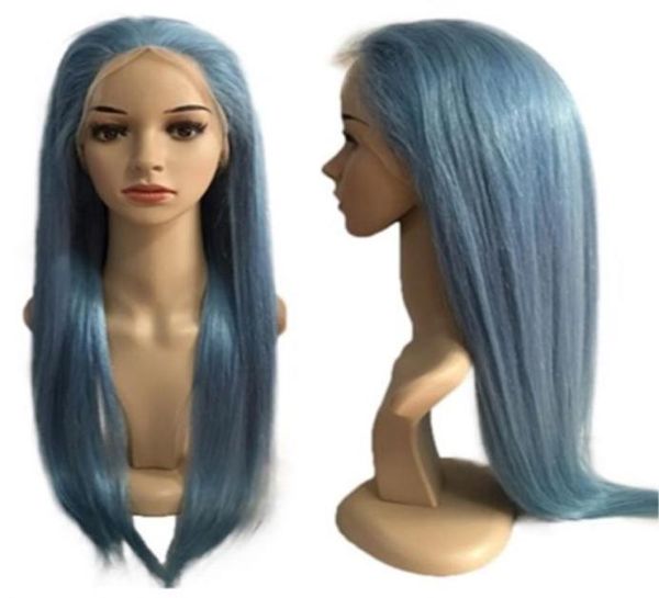 parrucche anteriori in pizzo blu capelli lunghi lisci umani parrucche piene in pizzo brasiliano dritto con peli del bambino per 2736088