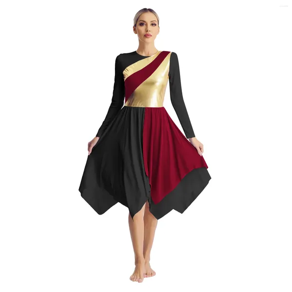 Bühnenkleidung Damen Metallic Asymmetrisches liturgisches Lobpreis-Tanzkleid Ballett Lyrisches Kostüm Anbetung Kirche Party Chorkleider