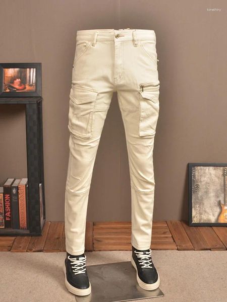 Herren Jeans Beige Retro Patchwork Multi-Pocket Design High-End Stretch Slim Street Freizeit Cargo Motorradhose