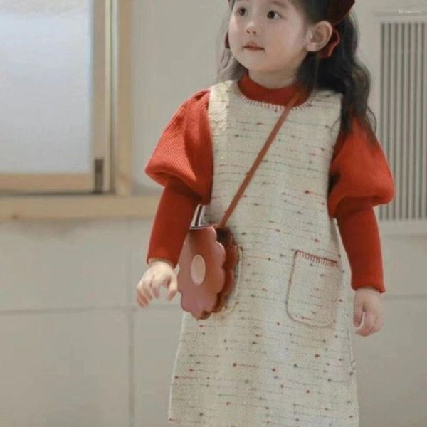 Kız Elbiseler Kore tarzı kızlar '2024 Sonbahar Kış Renkli Dot Kolsuz Yelek Elbise Kızlar İçin Sıcak Kabarcık Kılı