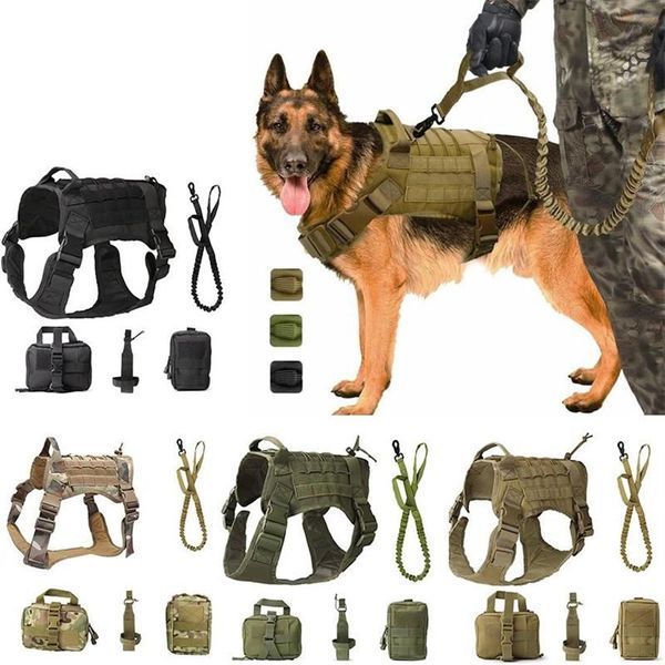 Coleiras de cachorro trelas serviço militar tático arnês colete roupas molle treinamento ao ar livre com acessório garrafa água carrie3556
