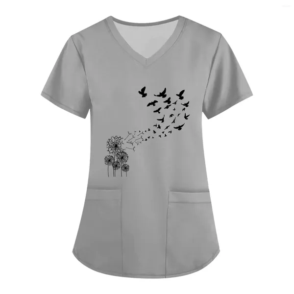 T-shirt da donna Uniforme infermieristica con scollo a V Abbigliamento da lavoro casual a maniche corte con tasche Uniformi da clinica stampate con tarassaco farfalla