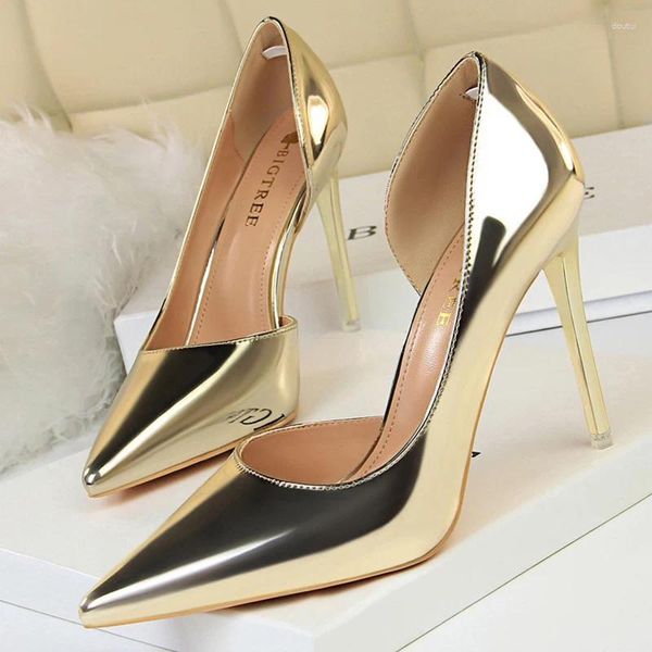 Sapatos de vestido mulheres 10.5cm salto alto bombas senhora stripper stiletto couro brilhante scarpins casamento salto nupcial passarela festa ouro prata