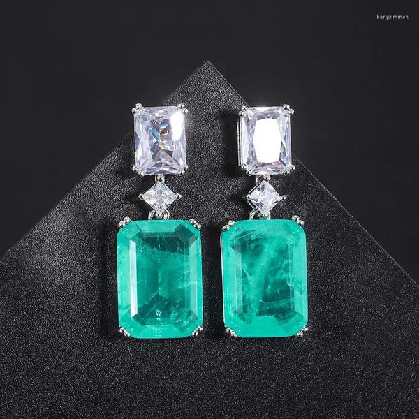 Brincos pendurados encantos retro quadrado esmeralda paraiba pedra preciosa borla pingente brinco feminino jóias de luxo itens de aniversário de casamento