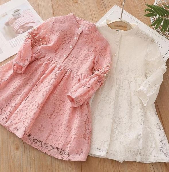 Frühling Herbst 3 4 6 8 10 bis 12 Jahre Kind England-Stil Prinzessin Perle Spitze Knielanges Kinder Baby Mädchen Langarmkleid 2012049159898