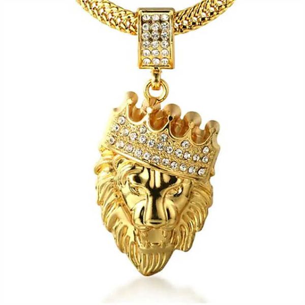 Collana con ciondolo zircone da uomo di design, catena Franco intagliata, corona del re leone, personalizzata Rock Hip Hop Dubai 18 carati