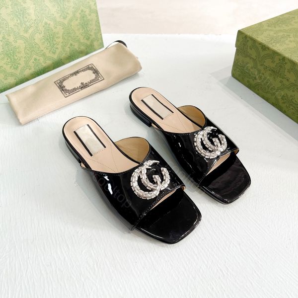 Luxury slippers low heels brand-name patent leather summer sandals Leather zircon logo Fashion female black sexy double buckle crystal white brown