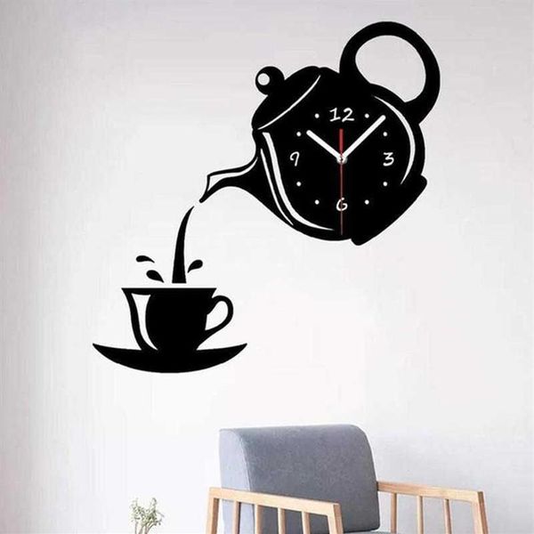 Criativo bule chaleira relógio de parede 3d acrílico café xícara chá relógios parede para escritório casa cozinha jantar sala estar decorações h09237c
