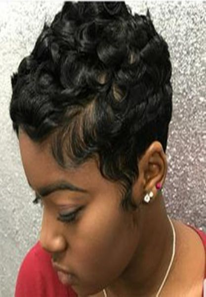 Siyah kadınlar için brezilyalı dantel ön peruklar insan saçı afro küçük kıvırcık kısa glueleless peruk makinesi yapımı dalga kıvrımlı wig3429873