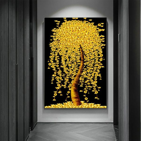 Moderne goldene Glücksgeldbäume, Drucke, Leinwandgemälde, Wandkunst, einfache Landschaft, Poster, Wohnzimmer, Heimbüro, Dekor, Bild 240106