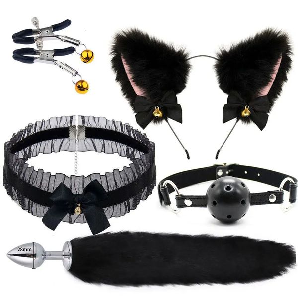 Fox Cauda Anal Plug Metal Butt Plug Cauda Orelhas de Gato Headbands Bell Collar Boca Plugs Erótico Cosplay Conjunto Brinquedos Íntimos para Casais 240106