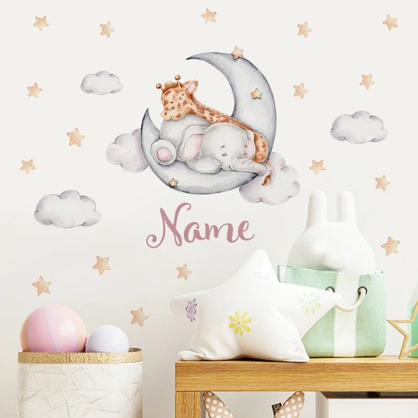 Adesivo de parede personalizado com nome do bebê, elefante, girafa, lua, estrelas, aquarela, berçário, removível, decalques de parede de vinil, mural, decoração de quarto infantil 240105