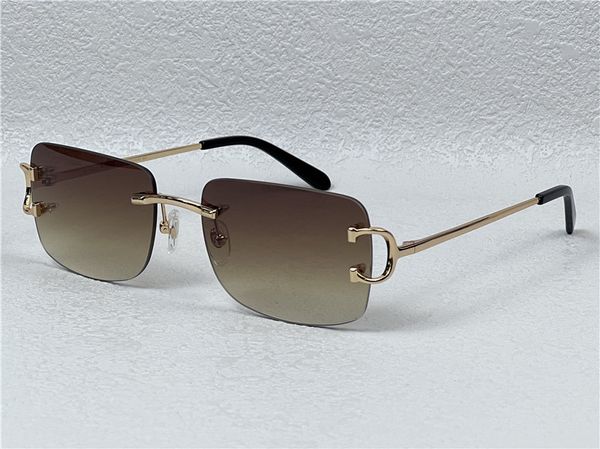 Vintage-Sonnenbrille für Herren, rahmenlos, quadratische Form, UV400, goldene helle Farblinse 0104 mit Etui, Buffs, mehrfarbige Linse