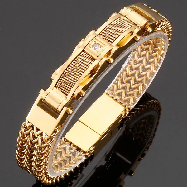 Pulseira de luxo para homens banhado a ouro 12mm de largura aço inoxidável quadrado franco link corrente pulseiras de pulso masculinas com fecho magnético 240105