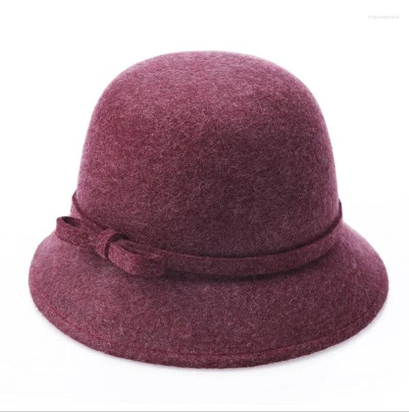 Berets Herbst Winter Frauen Fedora Caps Vintage Sonnenhüte Für Frau Dame Breiter Krempe Wollfilz Bowknot Hut