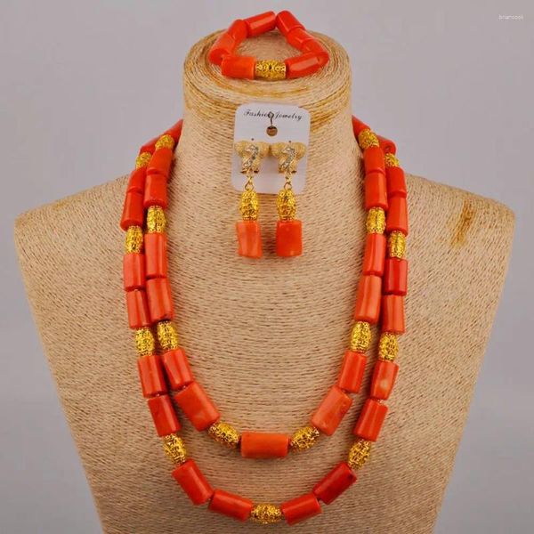 Collana orecchini set 24 pollici arancione nigeriano perline di corallo gioielli africani