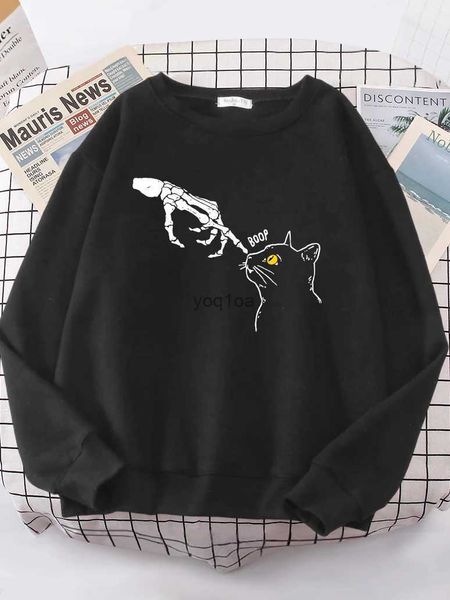 Kadın Hoodies Sweatshirts İskelet Kedi Komik Sweatshirt'e işaret etti Kadınlar Basit Crewneck Hoody Street Büyük Boyut Hoodies Hipster Polar Spor Giyim