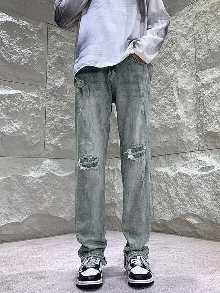 Jeans da uomo Autunno e inverno Pantaloni in denim con foro dritto al ginocchio Cerniera Casual alla moda High Street