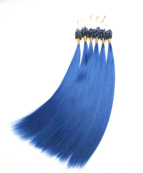 Наращивание волос с микро-петлей, человеческие 1424 дюйма, 1 гПряд, 100 г в упаковке, шелковистые прямые волосы, предварительно скрепленные микрокольца, человеческие волосы синего цвета E7380468