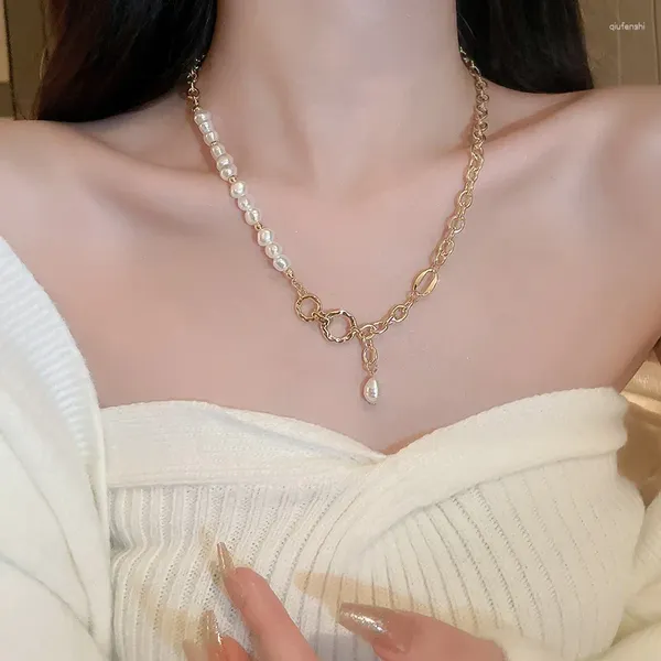 Anhänger Halsketten Minar Elegante Unregelmäßige Imitation Perle Asymmetrische Knebelverschluss Kreis Für Frauen Goldene Link Kette Colliers