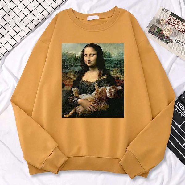 Damen-Kapuzenpullover, Sweatshirts, Trend, einfache Frau, Sweatshirt, berühmtes Gemälde, Mona Lisa, hält Katze, Kreativität, Druck, Hoodies, Fleece, weiche Pullover, lockere warme Oberteile