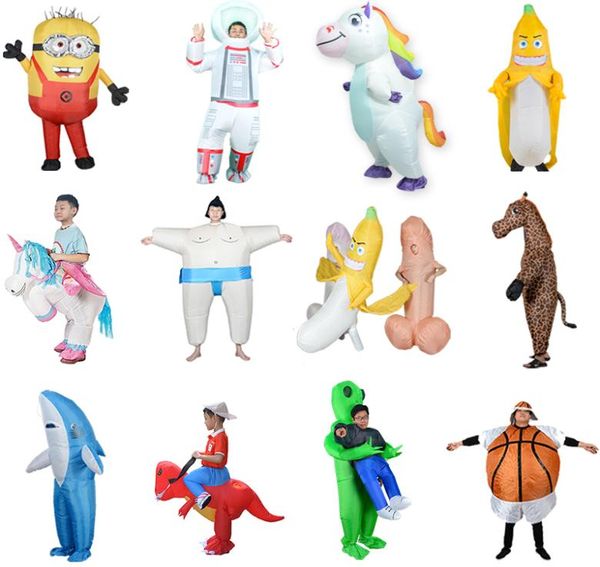 Vestuário inflado T Rex Alien Sumo Pikach Minion Fantasia de dinossauro inflável Vestido de festa Cosplay Halloween para crianças adultas LJ26089609