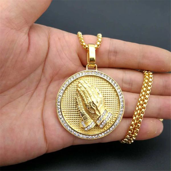 Hip Hop Iced Out betende Hände-Anhänger-Halsketten für Damen und Herren, goldene Farbe, 14 Karat Gelbgold, runder Schmuck