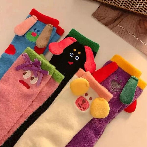 Frauen Socken Kawaii Cartoon Große Augen Hässliche Niedliche Flauschige Strümpfe Herbst Winter Warm Verdicken Plüsch Hause Schlafen Mitte Rohr