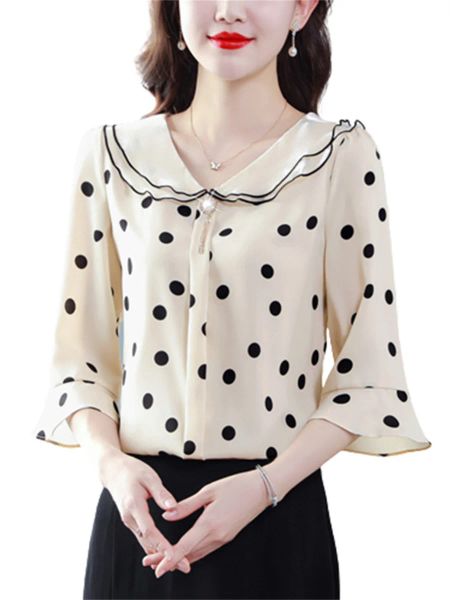 Frauen Frühling Sommer Blusen Shirts Dame Mode Lässig Halbe Hülse Rüschen Kragen Polka Dots Blusas Tops