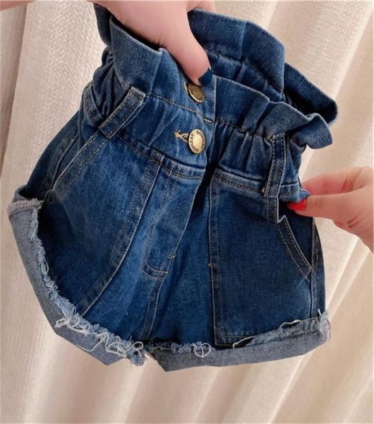 2020 denim criança calças verão plissado cintura alta jean shorts bolso meninas botão elástico borla crianças cowboy calça moda azul 22h5541565