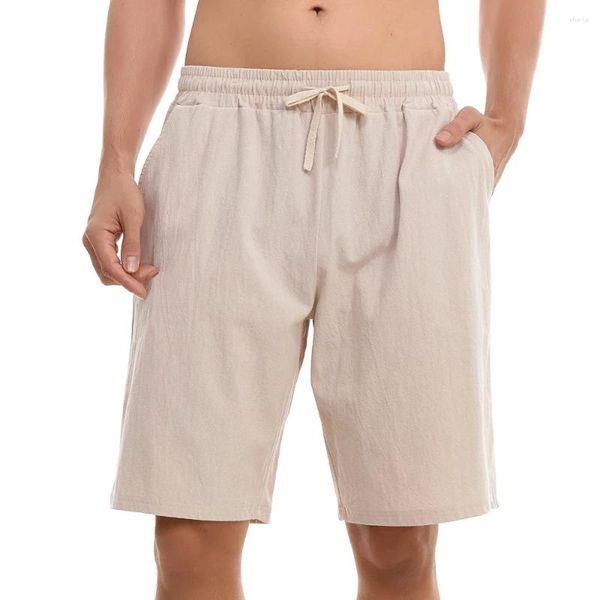 Shorts masculinos de linho verão algodão respirável calças curtas cintura elástica cordão fitness sweatpants solto casual streetwear