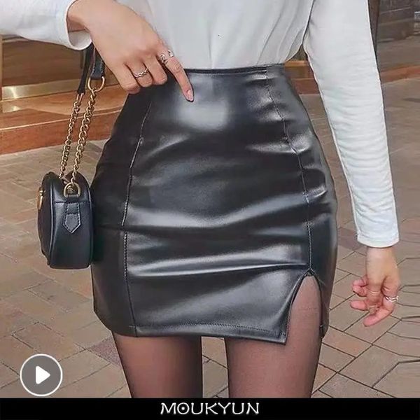 Moukyun Nero Mini Gonna Sexy A Vita Alta Pacchetto Matita Anca Donne Coreane Moda Pu Ecopelle Diviso Gonne Corte 240106
