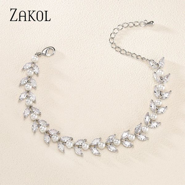 Zakol moda estilo coreano folha cz zircônia tênis pulseiras para mulheres luxo imitação pérolas briadal jóias de casamento 1031 240105