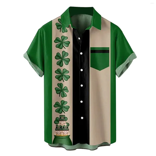 Herren-Freizeithemden, Herren-Hemd mit irischem Festival-Aufdruck, Patchwork-Kleeblatt, kurzärmlig, Revers, Knopf, Tasche, Oberteil, Sommer-St. Pat's Day-Kleidung