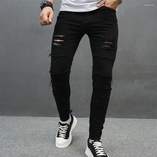 Calças de brim masculinas 2024 magros homens preto meados de cintura magro ajuste rasgado estiramento denim calças masculino jean casual hip hop streetwear calças homem