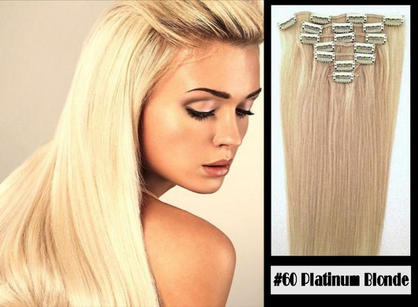 Clip-in-100-Remy-Echthaarverlängerungen, 60 Platinblond, 8 Zoll, 24 Zoll, Güteklasse 8A, Qualität, voller Kopf, 7 Stück, 16 Clips, kurz, weich, Si5414759