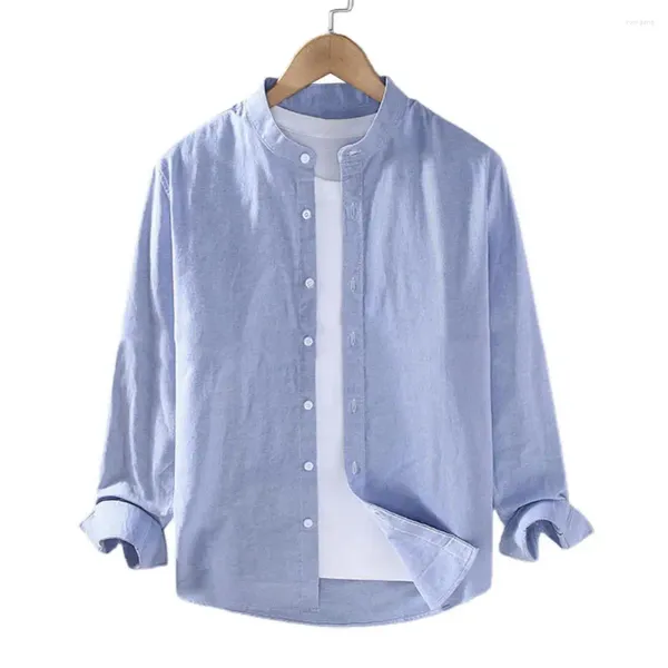 Camicie casual da uomo 2024 camicia di lino colletto alla coreana manica lunga bianco nero morbido confortevole semplice primavera estate tinta unita