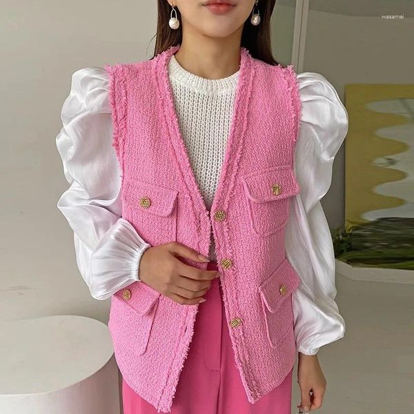 Coletes femininas wdmsna coreano chique tweed colete casaco mulheres outono doce v-pescoço botão de metal colete solto casual sem mangas