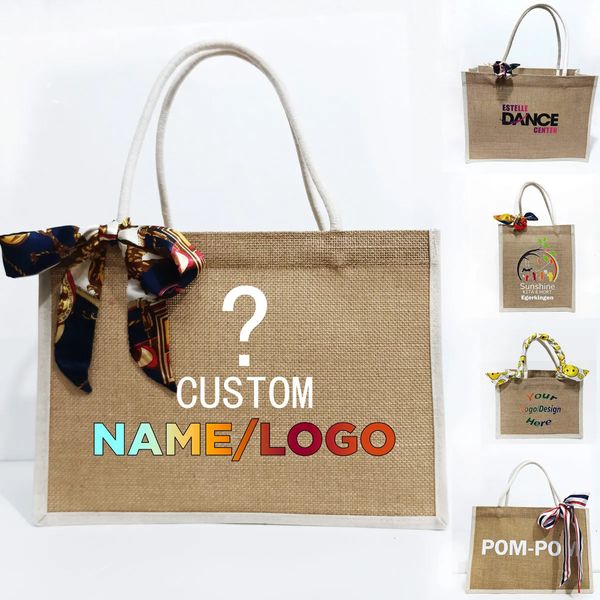 Benutzerdefinierte Einkaufstasche Geschenke für Frauen Großhandel personalisierte Sackleinen Name Strand Hochzeit Jute Shopping Handtasche 240106