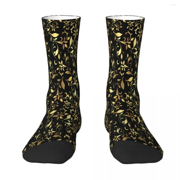 Herrensocken, goldenes abstraktes Blumenmuster auf schwarzem Hintergrund, Socken für Männer und Frauen, Polyesterstrümpfe, anpassbares Design