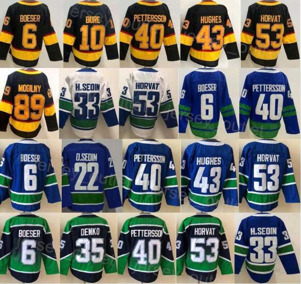 Homens em branco reverso retro hóquei 53 Bo Horvat Jersey 6 Brock Boeser 40 Elias Pettersson 43 Quinn Hughes 35 Thatcher Demko 22 Daniel Sedin 33