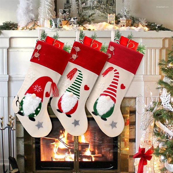 Weihnachtsdekorationen, Strümpfe, groß, zum Aufhängen, mit Weihnachtsmann-Schneemann-Zwerg-Muster für Zuhause
