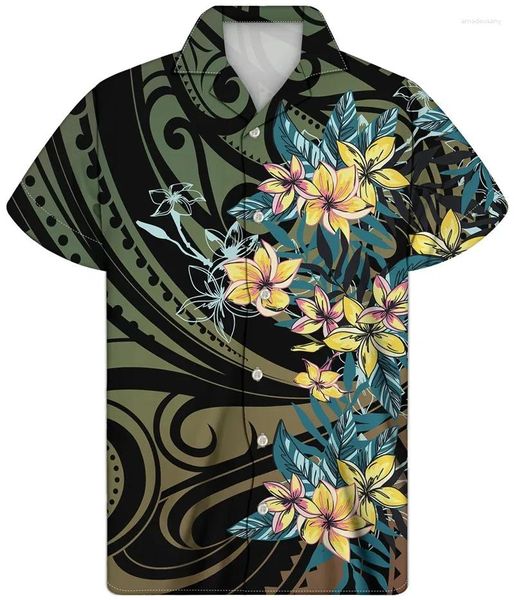 Freizeithemden für Herren Polynesian Tribal Schwarzer Hintergrund Goldstreifendruck Kurzarm Revers Herrenhemd Tägliche Straße Übergroßes Top für Männer
