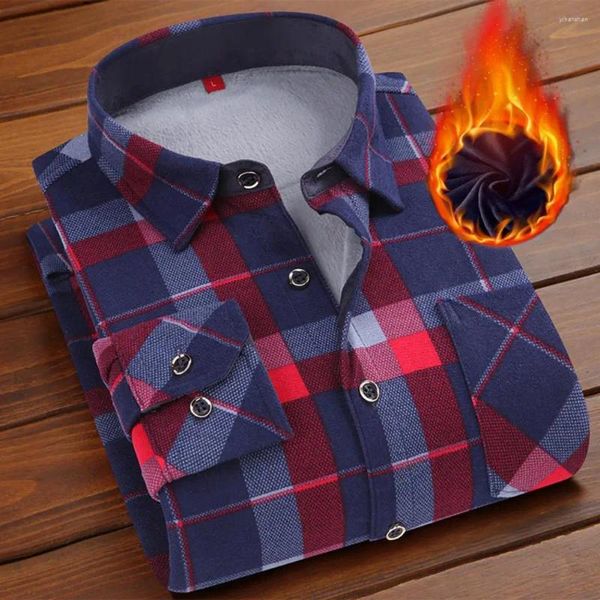 Camisas casuais masculinas camisa formal para homens 2024 manga comprida velo quente xadrez colarinho de grandes dimensões roupas de veludo de inverno