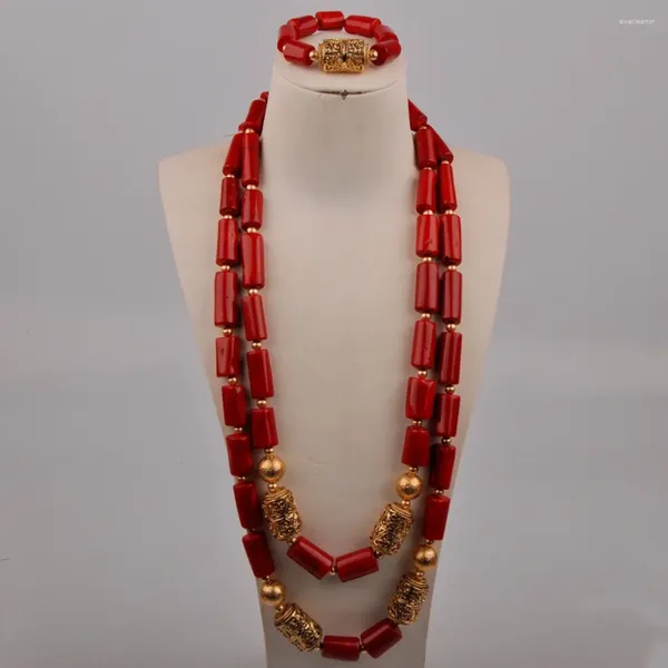 Colar brincos conjunto 32 polegadas longo vermelho coral contas jóias para noivo africano nigeriano casamento homens