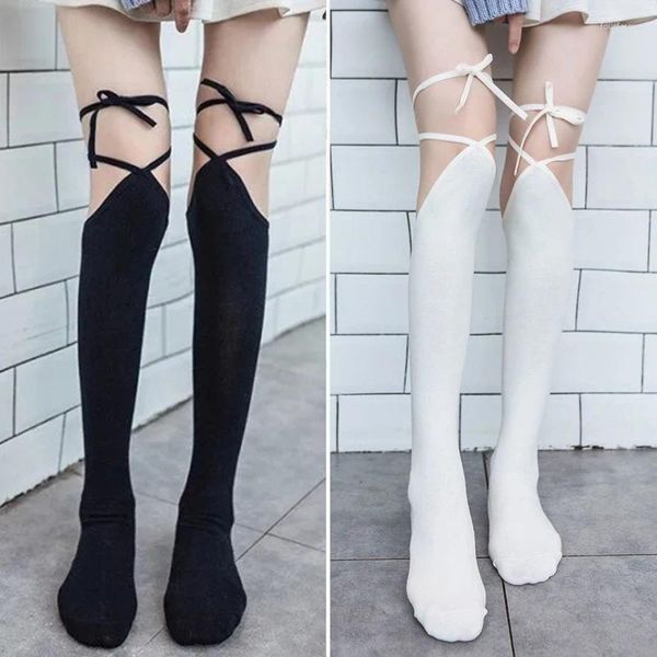 Frauen Socken Sexy Oberschenkel Hohe Japaness Kreuz Spitze-Up JK Lolita Lange Strumpfhosen Schwarz Weiß Strumpfhosen Verband Cosplay Baumwolle dünne Strümpfe